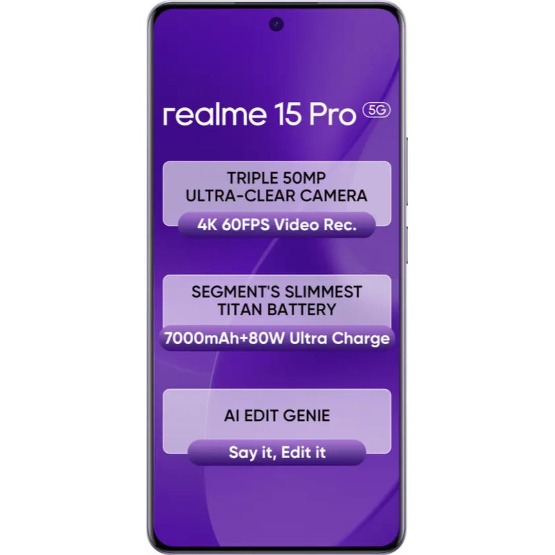 Realme 15 Pro 5G 17.27 Centimeter (6.80) 50MP Sony IMX896 OIS + 50MP Ultra Wide Angle Dual Rear Camera 50MP Front Camera 144Hz 1.5K+ 6500nits HyperGlow 4D Curve+ Display Qualcomm Snapdragon®7 Gen 4 Octa Core Processor Smartphones Mobile