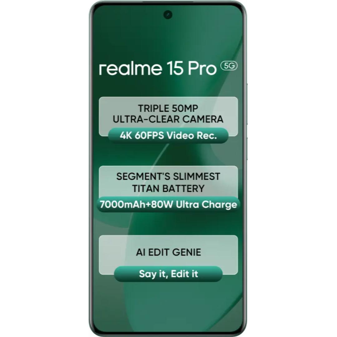 Realme 15 Pro 5G 17.27 Centimeter (6.80) 50MP Sony IMX896 OIS + 50MP Ultra Wide Angle Dual Rear Camera 50MP Front Camera 144Hz 1.5K+ 6500nits HyperGlow 4D Curve+ Display Qualcomm Snapdragon®7 Gen 4 Octa Core Processor Smartphones Mobile