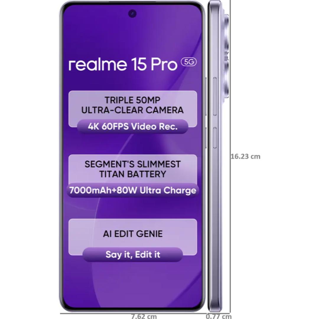 Realme 15 Pro 5G 17.27 Centimeter (6.80) 50MP Sony IMX896 OIS + 50MP Ultra Wide Angle Dual Rear Camera 50MP Front Camera 144Hz 1.5K+ 6500nits HyperGlow 4D Curve+ Display Qualcomm Snapdragon®7 Gen 4 Octa Core Processor Smartphones Mobile