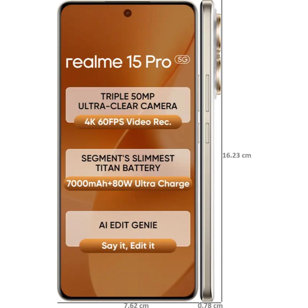 Realme 15 Pro 5G 17.27 Centimeter (6.80) 50MP Sony IMX896 OIS + 50MP Ultra Wide Angle Dual Rear Camera 50MP Front Camera 144Hz 1.5K+ 6500nits HyperGlow 4D Curve+ Display Qualcomm Snapdragon®7 Gen 4 Octa Core Processor Smartphones Mobile