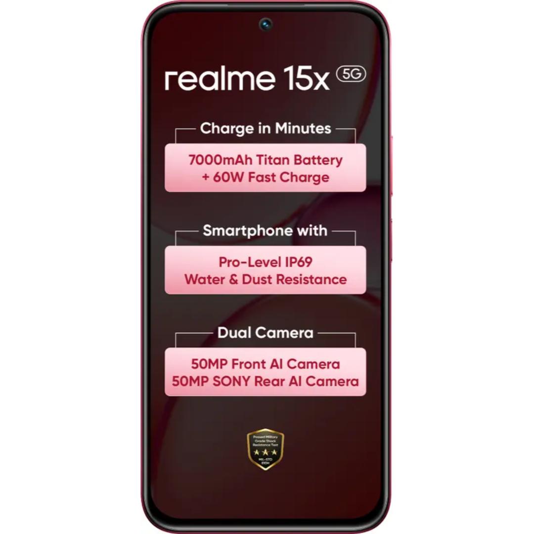 Realme 15x 5G 17.27 Centimeter (6.80) 50MP Sony IMX852 AI + 50MP WideAngle Dual Rear Camera 50MP Front Camera 144Hz 1200nit Ultra Bright HD+ Display MediaTek Dimensity 6300 6nm Octa Core Processor Smartphones Mobile