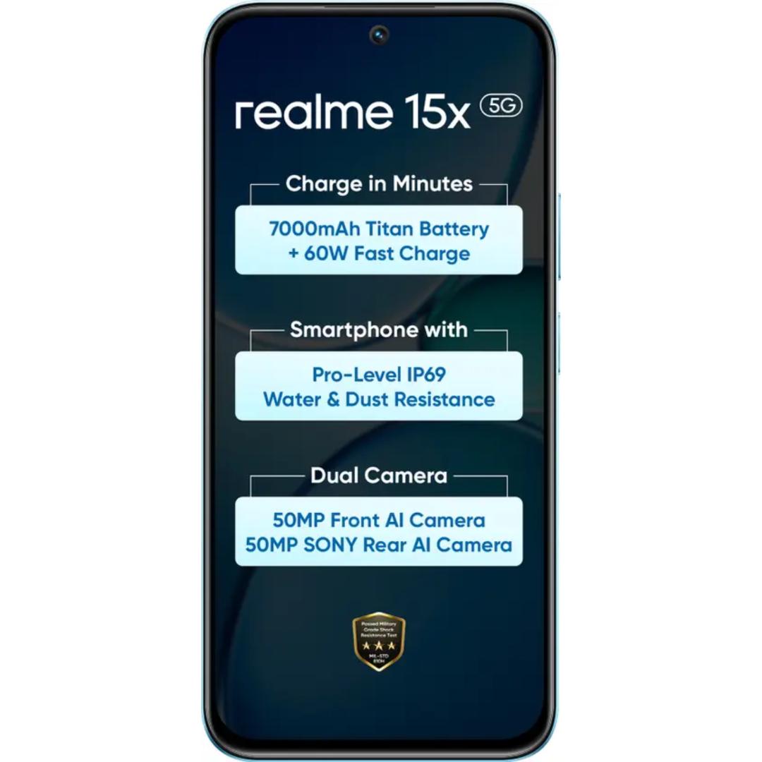Realme 15x 5G 17.27 Centimeter (6.80) 50MP Sony IMX852 AI + 50MP WideAngle Dual Rear Camera 50MP Front Camera 144Hz 1200nit Ultra Bright HD+ Display MediaTek Dimensity 6300 6nm Octa Core Processor Smartphones Mobile