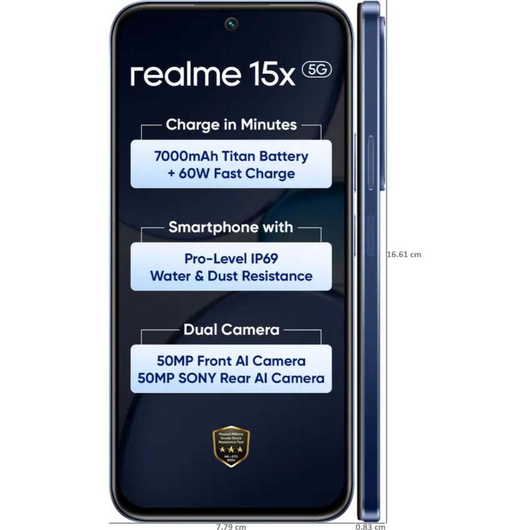 Realme 15x 5G 17.27 Centimeter (6.80) 50MP Sony IMX852 AI + 50MP WideAngle Dual Rear Camera 50MP Front Camera 144Hz 1200nit Ultra Bright HD+ Display MediaTek Dimensity 6300 6nm Octa Core Processor Smartphones Mobile