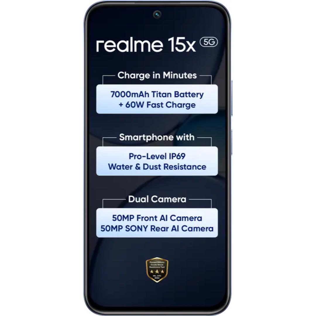Realme 15x 5G 17.27 Centimeter (6.80) 50MP Sony IMX852 AI + 50MP WideAngle Dual Rear Camera 50MP Front Camera 144Hz 1200nit Ultra Bright HD+ Display MediaTek Dimensity 6300 6nm Octa Core Processor Smartphones Mobile