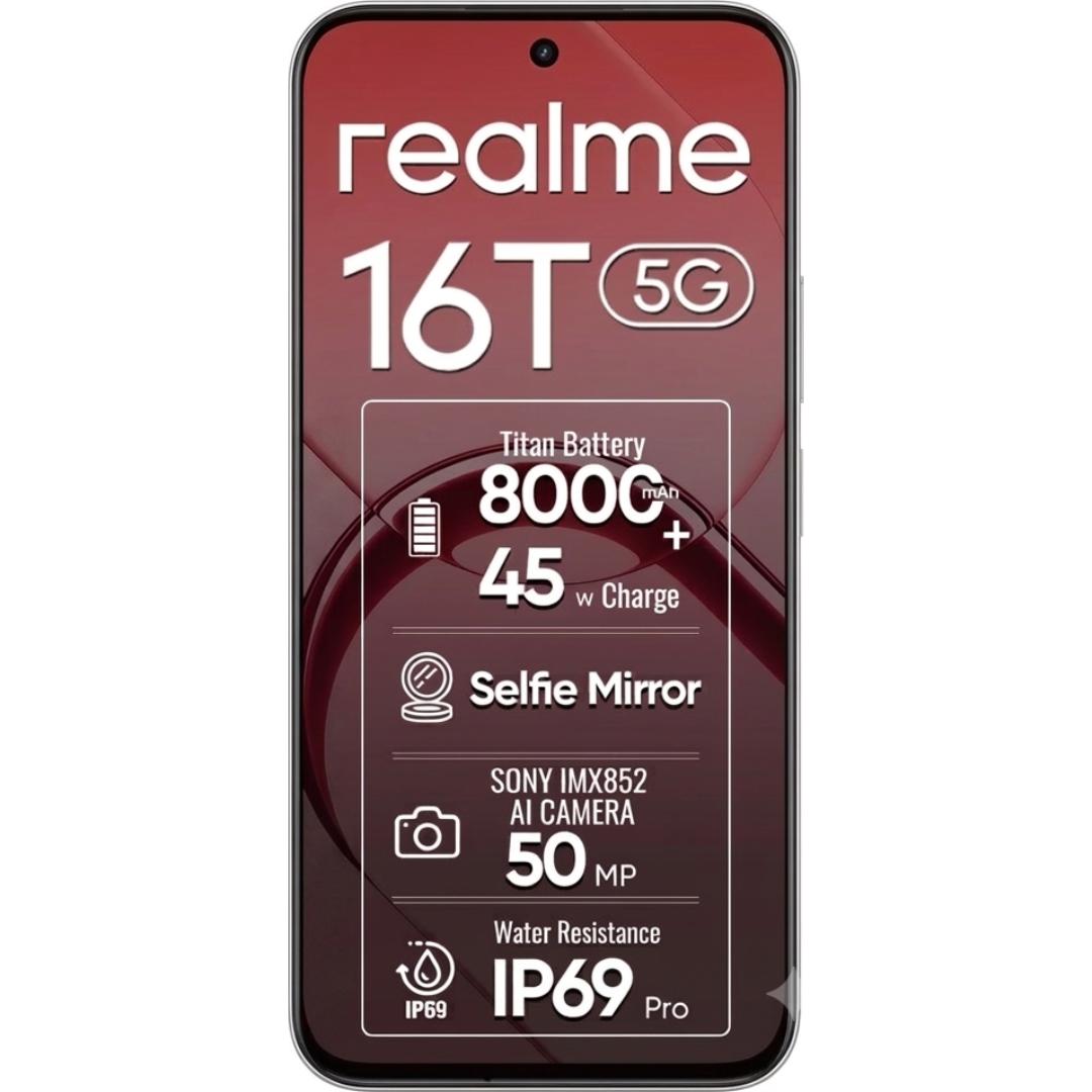 Realme 16T 5G 17.27 Centimeter (6.80) 50 MP SONY IMX852 AI + 2 MP Monochrome Dual Rear & 16 MP Front Camera 144Hz HD+ Wi-Fi LCD Display MediaTek Dimensity®6300 Octa Core Processor Smartphones Mobile