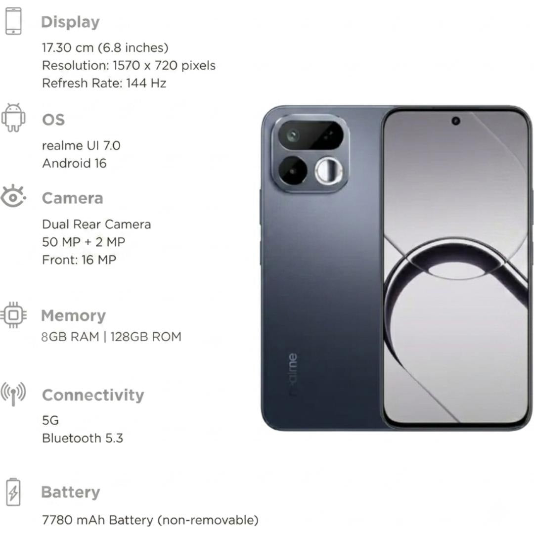 Realme 16T 5G 17.27 Centimeter (6.80) 50 MP SONY IMX852 AI + 2 MP Monochrome Dual Rear & 16 MP Front Camera 144Hz HD+ Wi-Fi LCD Display MediaTek Dimensity®6300 Octa Core Processor Smartphones Mobile