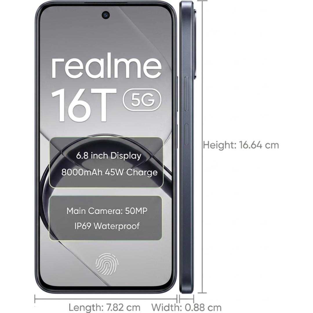 Realme 16T 5G 17.27 Centimeter (6.80) 50 MP SONY IMX852 AI + 2 MP Monochrome Dual Rear & 16 MP Front Camera 144Hz HD+ Wi-Fi LCD Display MediaTek Dimensity®6300 Octa Core Processor Smartphones Mobile