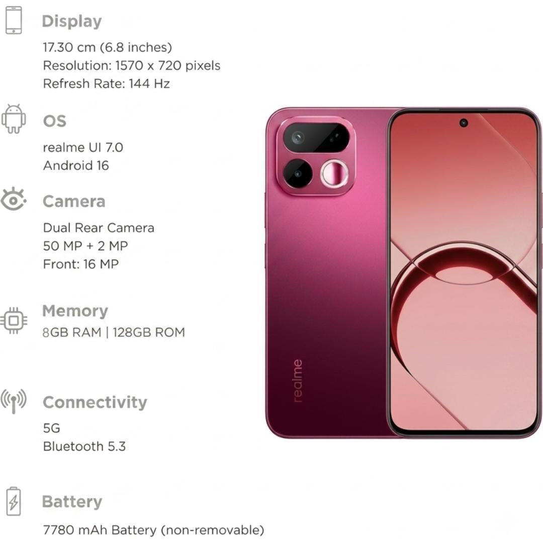 Realme 16T 5G 17.27 Centimeter (6.80) 50 MP SONY IMX852 AI + 2 MP Monochrome Dual Rear & 16 MP Front Camera 144Hz HD+ Wi-Fi LCD Display MediaTek Dimensity®6300 Octa Core Processor Smartphones Mobile
