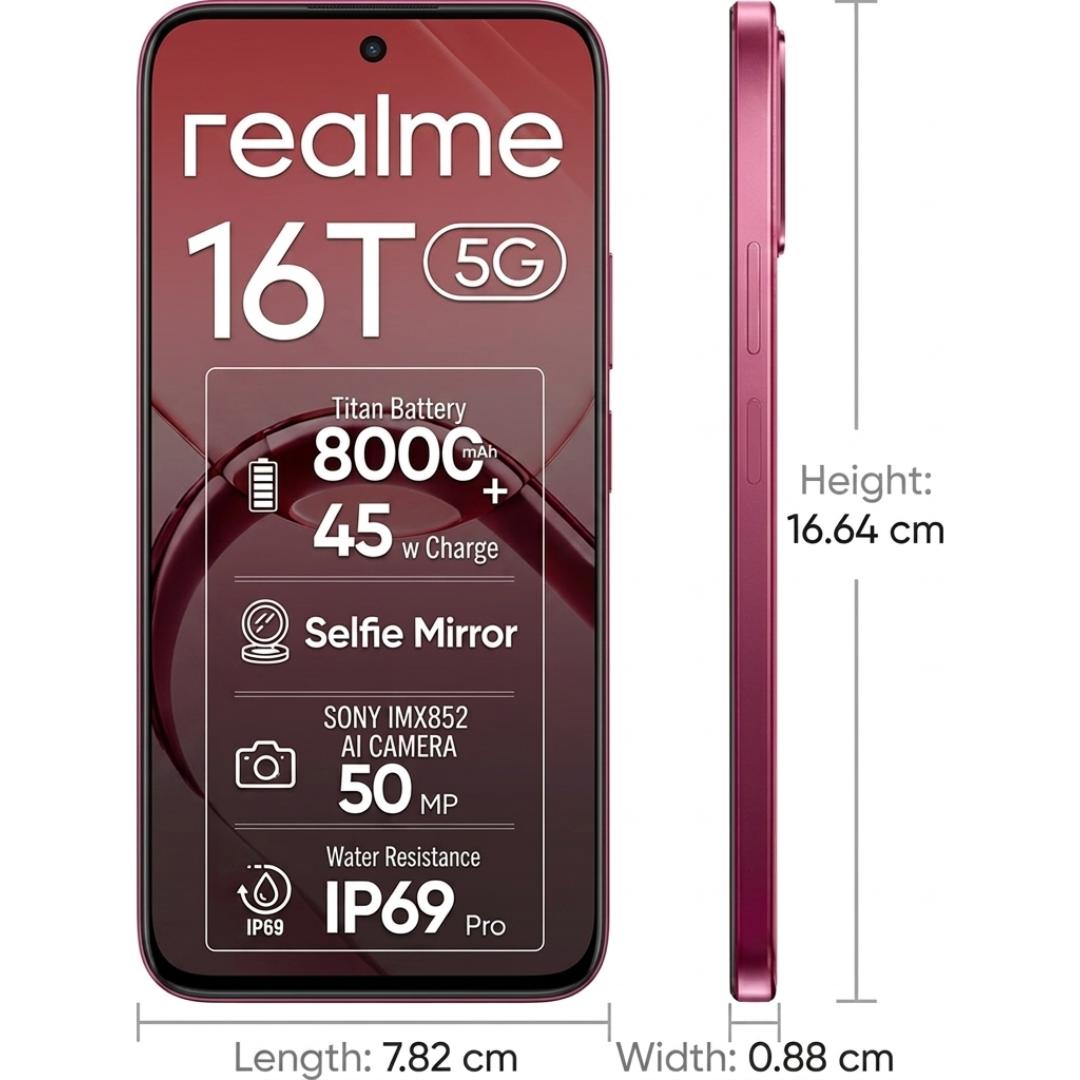 Realme 16T 5G 17.27 Centimeter (6.80) 50 MP SONY IMX852 AI + 2 MP Monochrome Dual Rear & 16 MP Front Camera 144Hz HD+ Wi-Fi LCD Display MediaTek Dimensity®6300 Octa Core Processor Smartphones Mobile