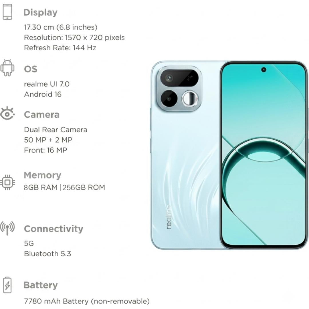 Realme 16T 5G 17.27 Centimeter (6.80) 50 MP SONY IMX852 AI + 2 MP Monochrome Dual Rear & 16 MP Front Camera 144Hz HD+ Wi-Fi LCD Display MediaTek Dimensity®6300 Octa Core Processor Smartphones Mobile