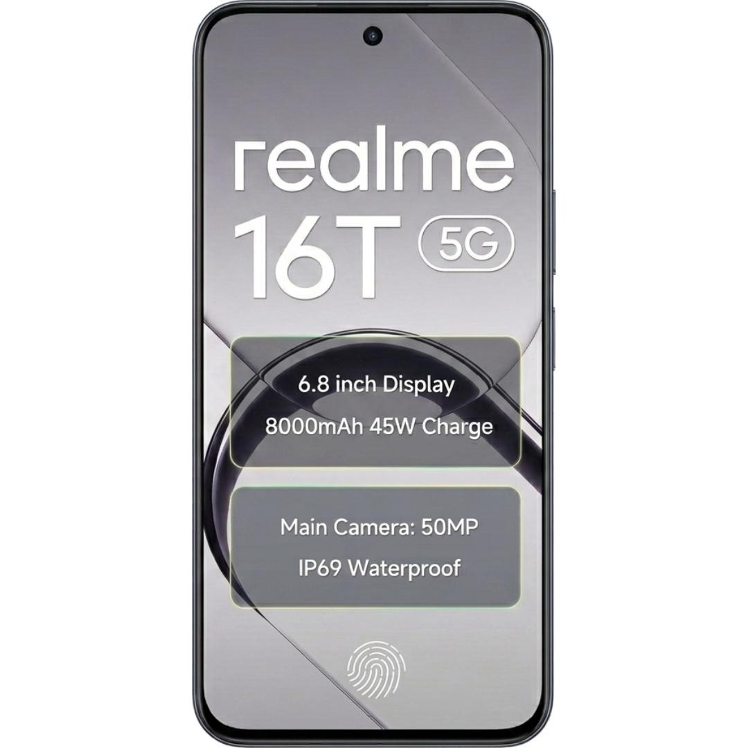 Realme 16T 5G 17.27 Centimeter (6.80) 50 MP SONY IMX852 AI + 2 MP Monochrome Dual Rear & 16 MP Front Camera 144Hz HD+ Wi-Fi LCD Display MediaTek Dimensity®6300 Octa Core Processor Smartphones Mobile