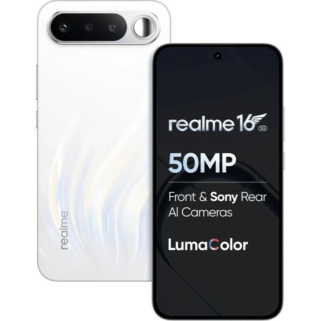 Realme 16 5G 16.69 Centimeter (6.57) 50MP Wide Angle + 2MP Monochrome Dual Rear Camera 50MP Front Camera 120Hz Full HD+ AMOLED (Flexible) Display Mediatek® Dimensity® 6400 Turbo Octa Core Processor Smartphones Mobile