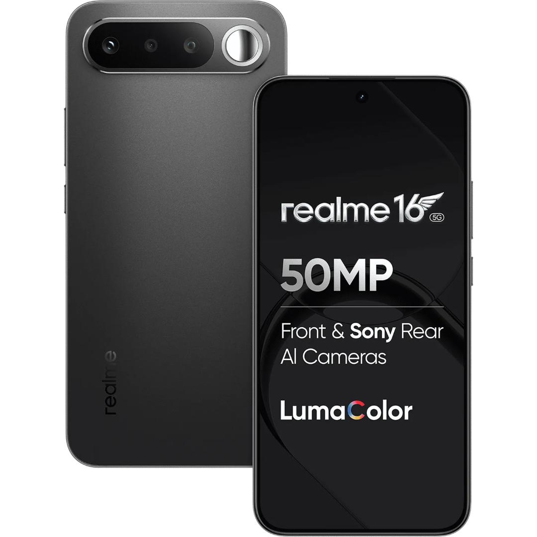 Realme 16 5G 16.69 Centimeter (6.57) 50MP Wide Angle + 2MP Monochrome Dual Rear Camera 50MP Front Camera 120Hz Full HD+ AMOLED (Flexible) Display Mediatek® Dimensity® 6400 Turbo Octa Core Processor Smartphones Mobile
