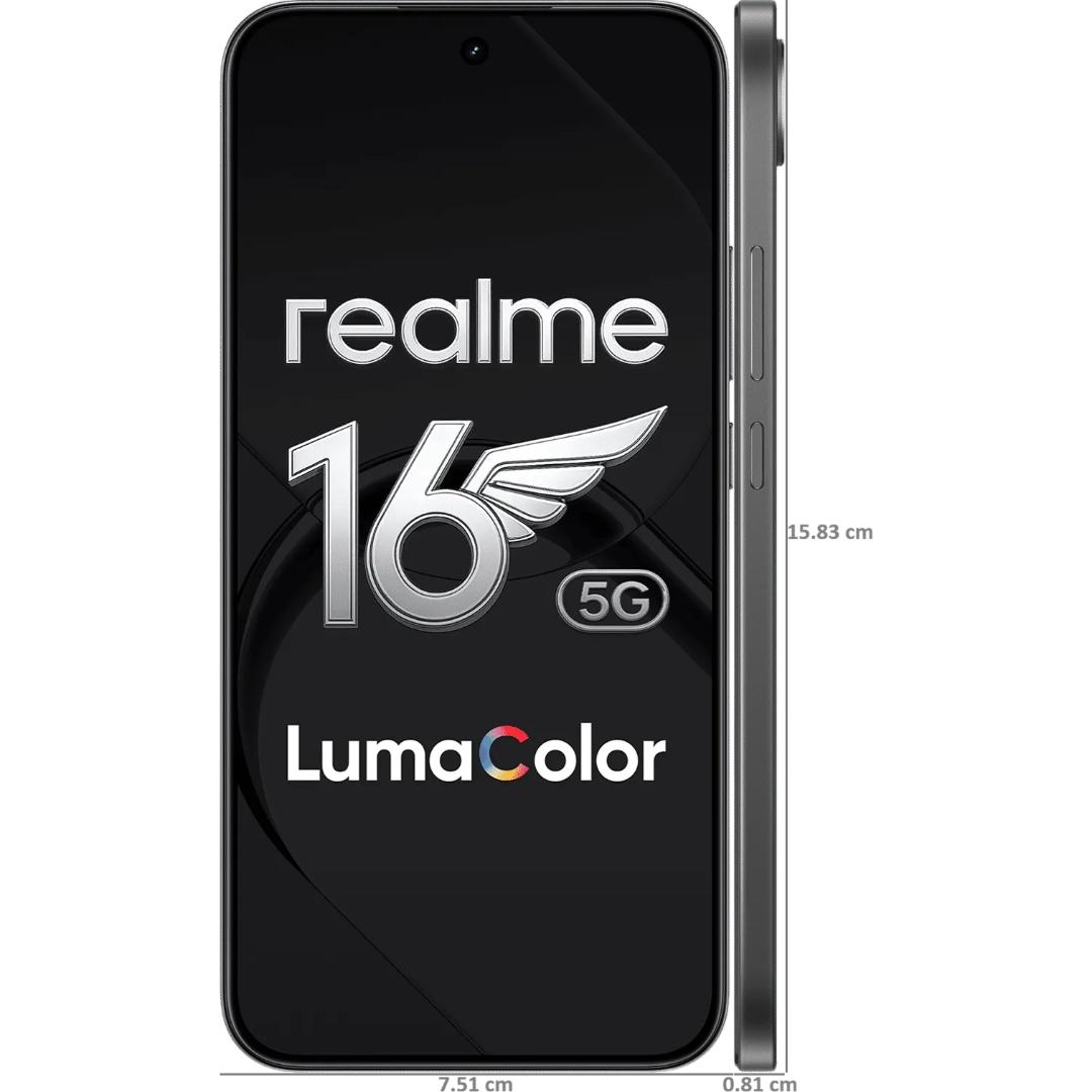 Realme 16 5G 16.69 Centimeter (6.57) 50MP Wide Angle + 2MP Monochrome Dual Rear Camera 50MP Front Camera 120Hz Full HD+ AMOLED (Flexible) Display Mediatek® Dimensity® 6400 Turbo Octa Core Processor Smartphones Mobile