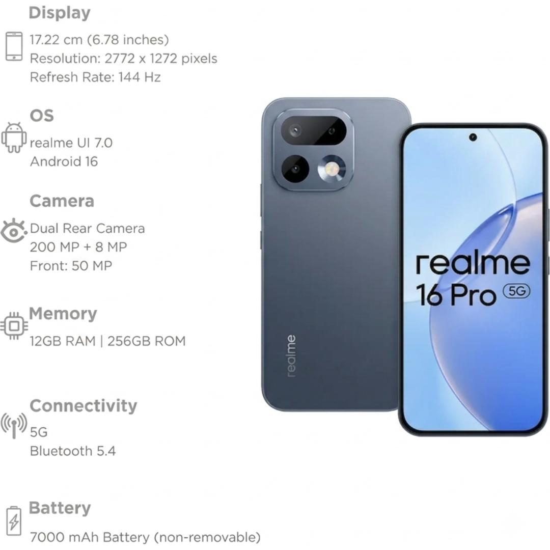 Realme 16 Pro 5G 17.22 Centimeter (6.78) 200MP + 8MP Dual Rear Camera 50MP Front Camera 144Hz Full HD+ AMOLED Display MediaTek Dimensity 7300 Max 5G Octa Core Processor Smartphones Mobile