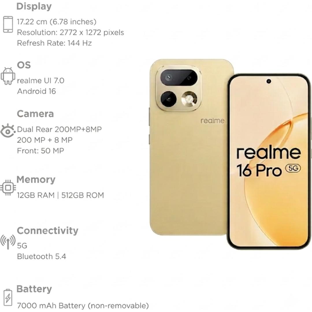 Realme 16 Pro 5G 17.22 Centimeter (6.78) 200MP + 8MP Dual Rear Camera 50MP Front Camera 144Hz Full HD+ AMOLED Display MediaTek Dimensity 7300 Max 5G Octa Core Processor Smartphones Mobile