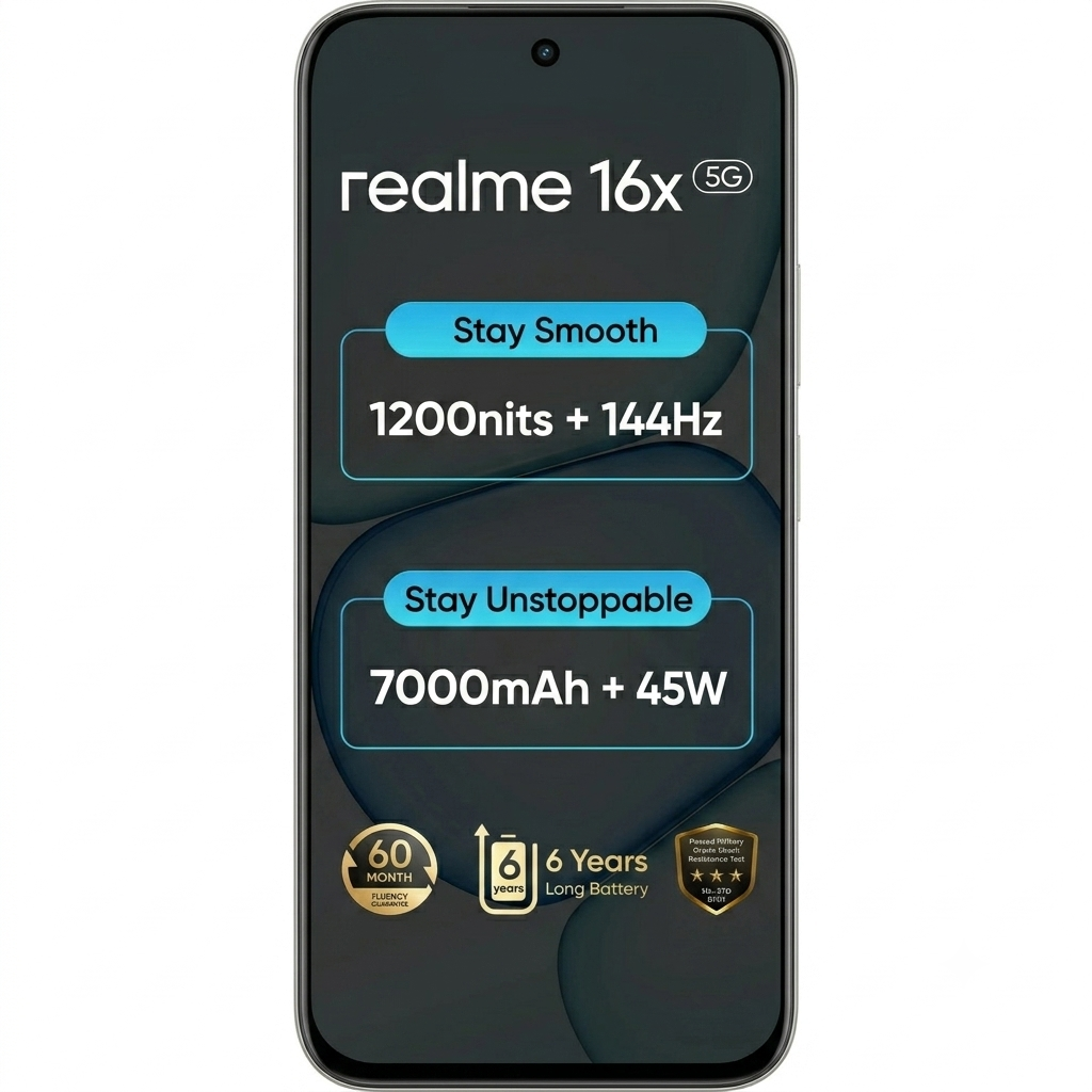 Realme 16x 5G 17.30 Centimeter (6.81) 50 MP + 2 MP Dual Rear & 8 MP Front Camera 144Hz HD+ LCD Display MediaTek Dimensity®6300 Octa Core Processor Smartphones Mobile