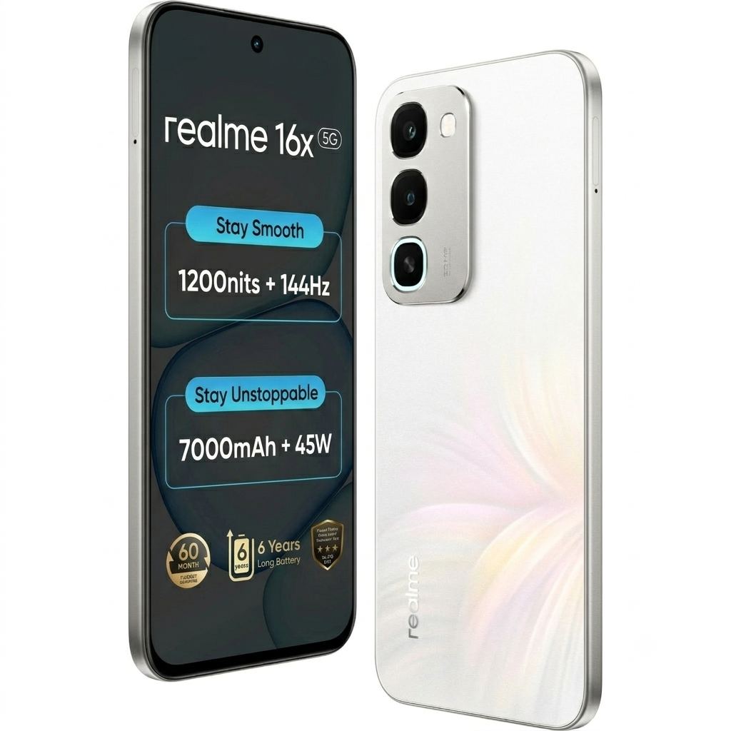 Realme 16x 5G 17.30 Centimeter (6.81) 50 MP + 2 MP Dual Rear & 8 MP Front Camera 144Hz HD+ LCD Display MediaTek Dimensity®6300 Octa Core Processor Smartphones Mobile