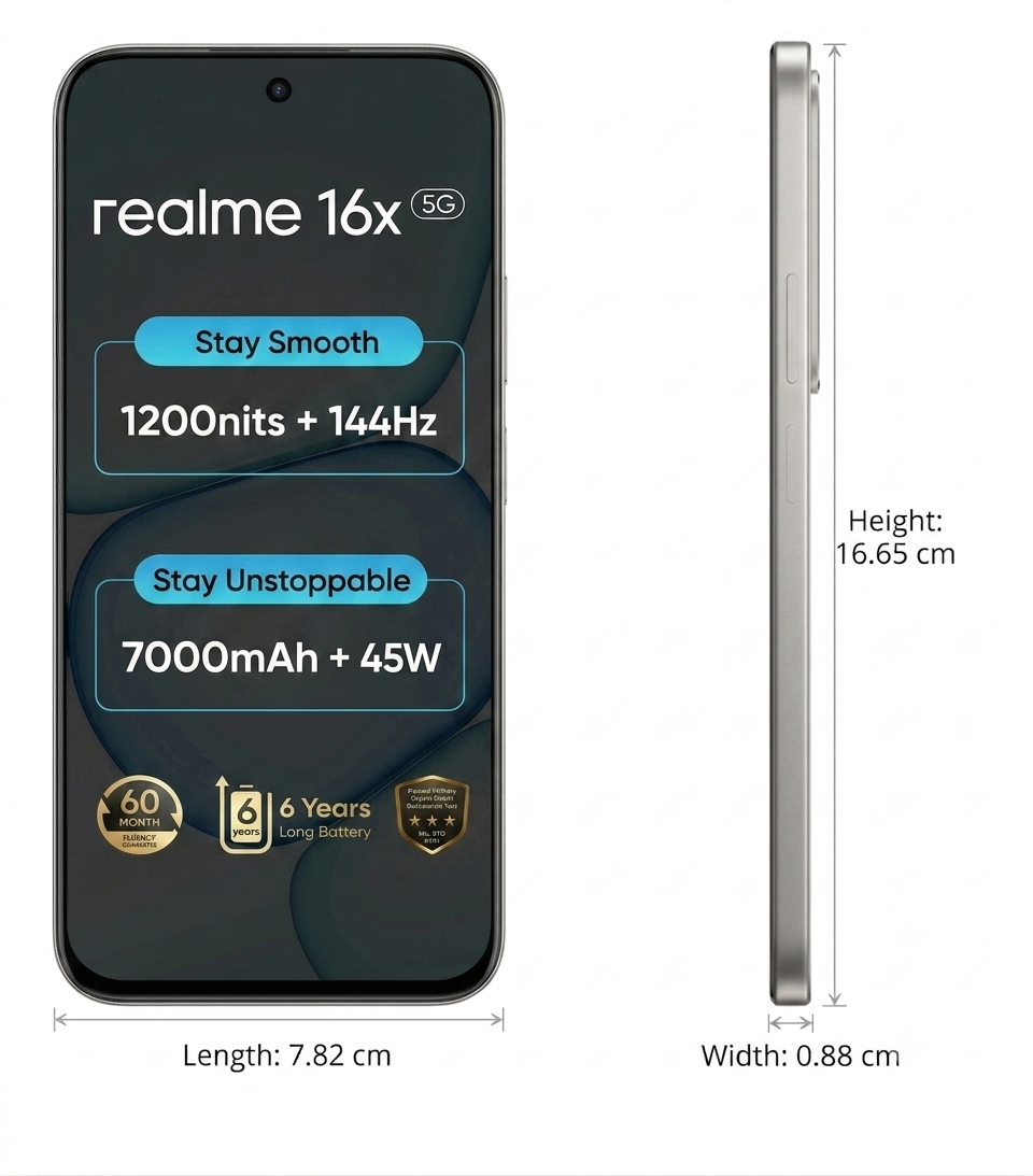 Realme 16x 5G 17.30 Centimeter (6.81) 50 MP + 2 MP Dual Rear & 8 MP Front Camera 144Hz HD+ LCD Display MediaTek Dimensity®6300 Octa Core Processor Smartphones Mobile