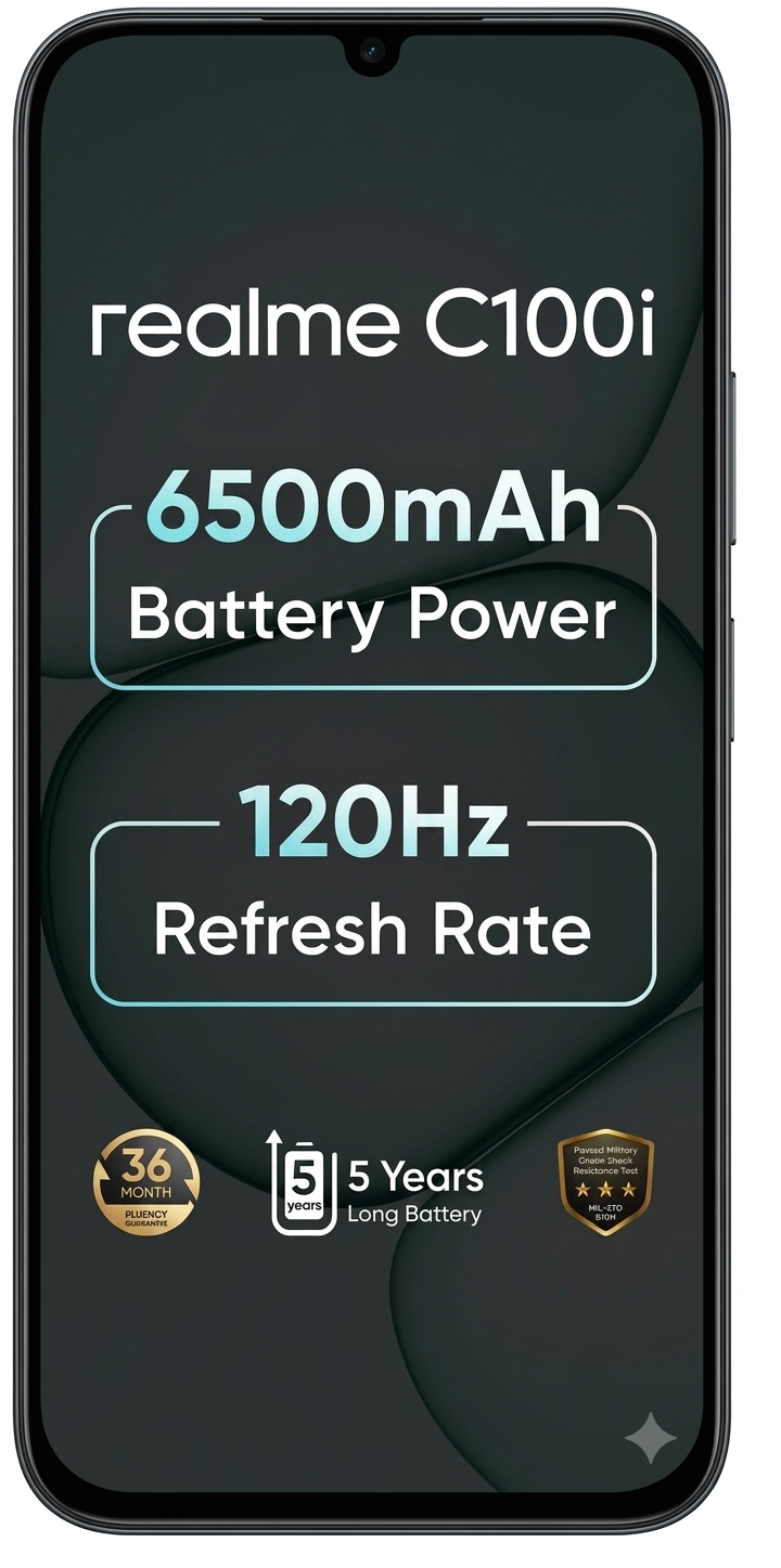 Realme C100i 4G 17.14 Centimeter (6.75) 8MP Rear Camera 5MP Front Camera 120Hz HD+ LCD Display Unisoc T7250 Octa Core Processor Smartphones Mobile