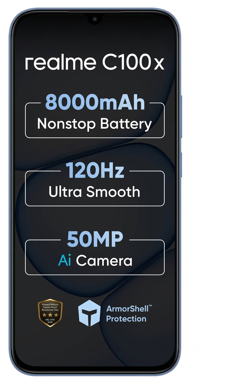 Realme C100x 4G 17.27 Centimeter (6.80) 50MP Rear Camera 5MP Front Camera 120Hz HD+ LCD Display Unisoc T7250 Octa Core Processor Smartphones Mobile