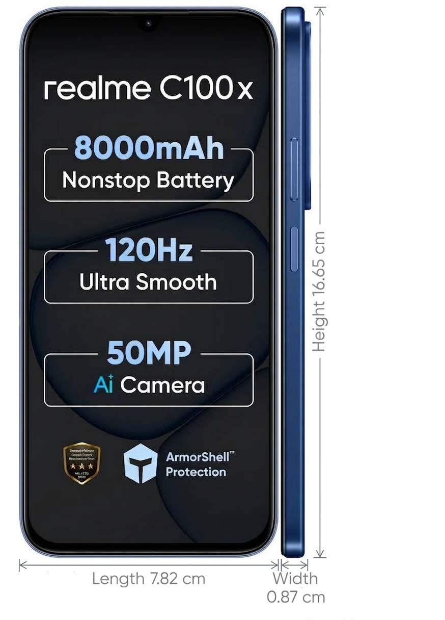 Realme C100x 4G 17.27 Centimeter (6.80) 50MP Rear Camera 5MP Front Camera 120Hz HD+ LCD Display Unisoc T7250 Octa Core Processor Smartphones Mobile