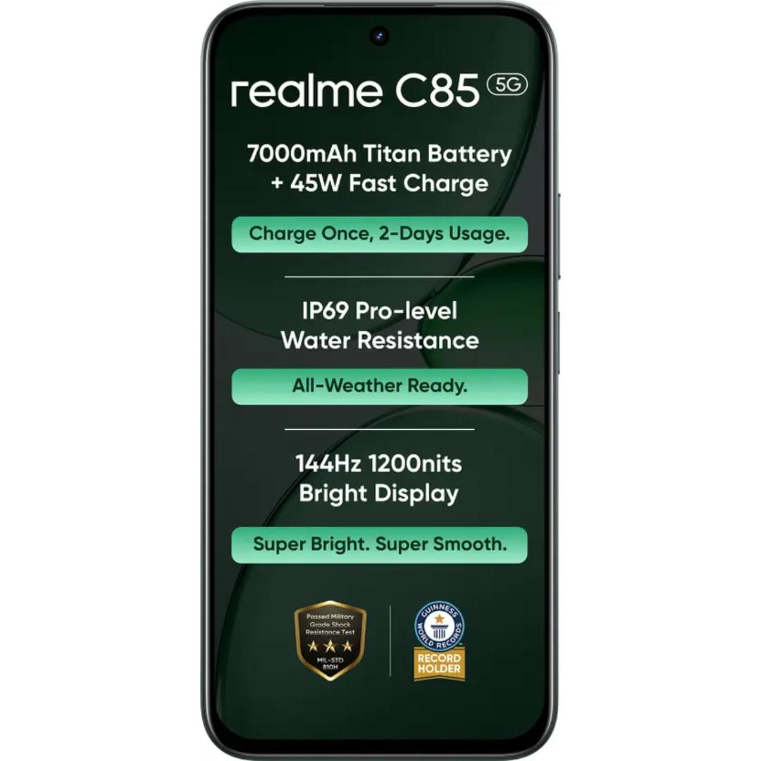 Realme C85 5G 17.27 Centimeter (6.80) 50MP Sony IMX852 Rear Camera 8MP AI Front Camera 144Hz Eye Comfort HD+ 1200 nits LCD Display MediaTek Dimensity 6300 5G 6nm Octa Core Processor Smartphones Mobile