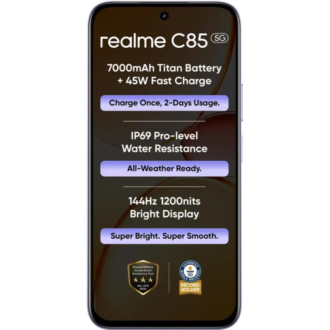 Realme C85 5G 17.27 Centimeter (6.80) 50MP Sony IMX852 Rear Camera 8MP AI Front Camera 144Hz Eye Comfort HD+ 1200 nits LCD Display MediaTek Dimensity 6300 5G 6nm Octa Core Processor Smartphones Mobile