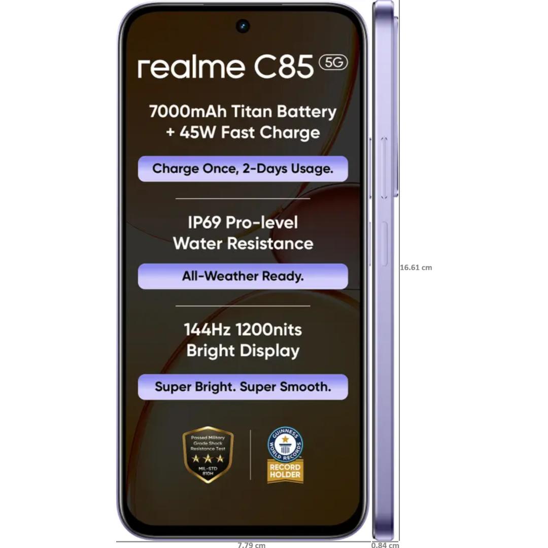 Realme C85 5G 17.27 Centimeter (6.80) 50MP Sony IMX852 Rear Camera 8MP AI Front Camera 144Hz Eye Comfort HD+ 1200 nits LCD Display MediaTek Dimensity 6300 5G 6nm Octa Core Processor Smartphones Mobile