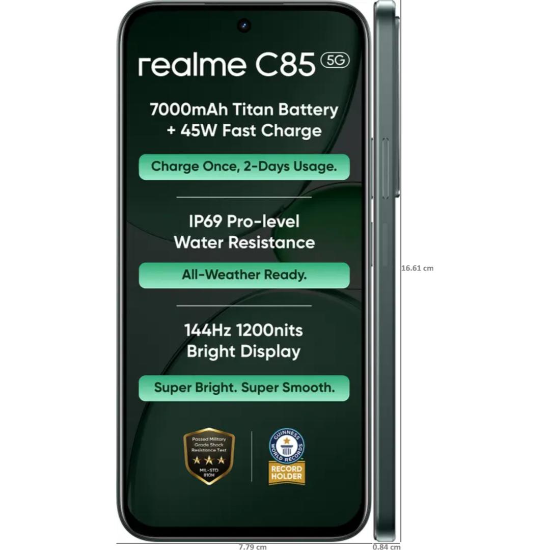 Realme C85 5G 17.27 Centimeter (6.80) 50MP Sony IMX852 Rear Camera 8MP AI Front Camera 144Hz Eye Comfort HD+ 1200 nits LCD Display MediaTek Dimensity 6300 5G 6nm Octa Core Processor Smartphones Mobile