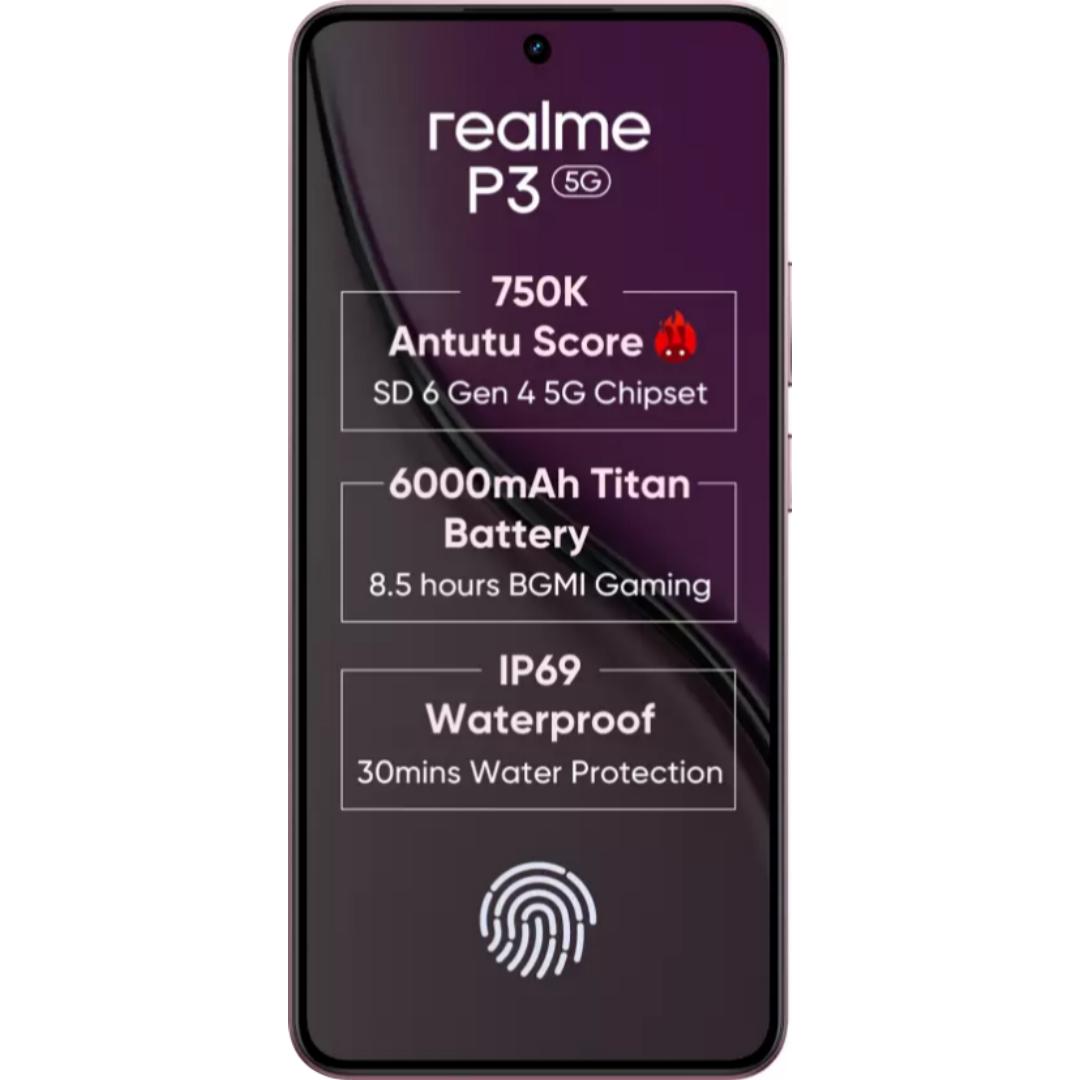Realme P3 5G 16.94 Centimeter (6.67) Dual Rear Camera 50MP + 2MP AI Camera & 16MP Front Camera Full HD+ 120Hz AMOLED Esports Display Qualcomm Snapdragon® 6 Gen 4 5G 4nm Octa Core Processor Smartphones Mobile
