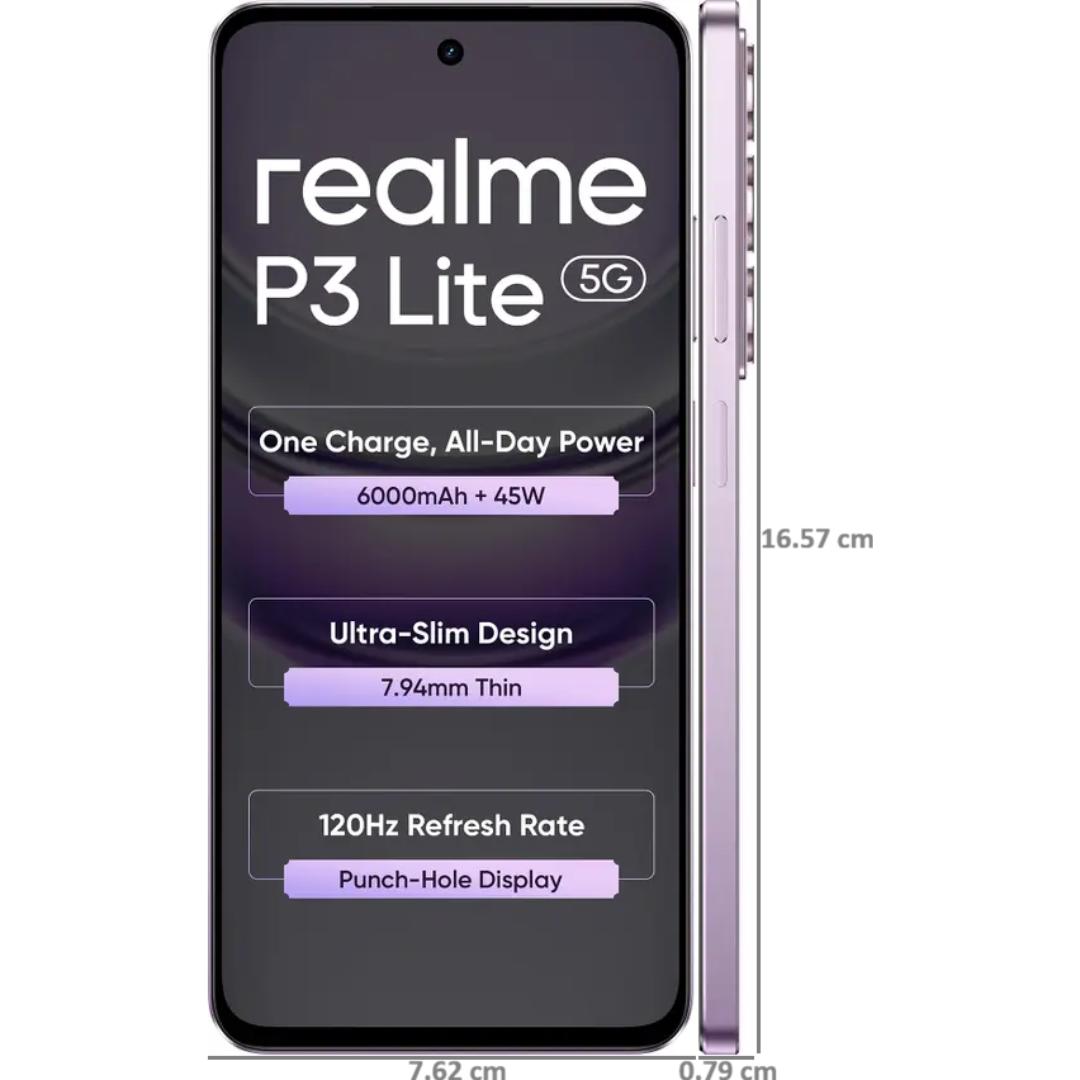 Realme P3 Lite 5G 16.94 Centimeter (6.67) 32MP Galaxycore GC32E2 AF Rear Camera 8MP Front Camera 120Hz Eye Comfort HD+ Display MediaTek Dimensity 6300 6nm Octa Core Processor Smartphones Mobile