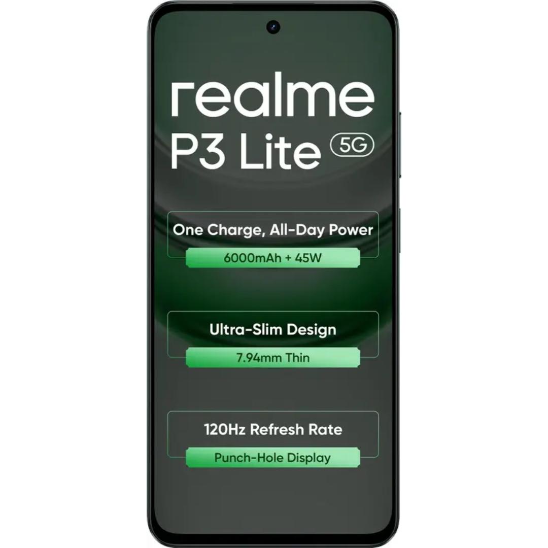 Realme P3 Lite 5G 16.94 Centimeter (6.67) 32MP Galaxycore GC32E2 AF Rear Camera 8MP Front Camera 120Hz Eye Comfort HD+ Display MediaTek Dimensity 6300 6nm Octa Core Processor Smartphones Mobile