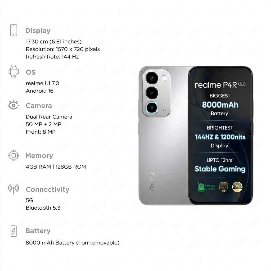Realme P4R 5G 17.30 Centimeter (6.81) 50MP+2MP Dual Rear Camera 8MP Front Camera 144Hz HD+ LCD Display MediaTek Dimensity 6300 Octa Core Processor Smartphones Mobile