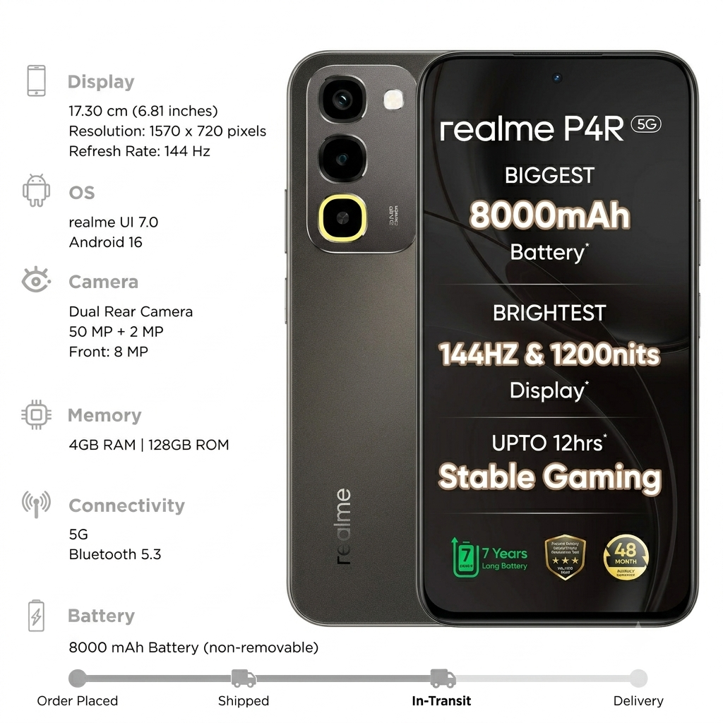 Realme P4R 5G 17.30 Centimeter (6.81) 50MP+2MP Dual Rear Camera 8MP Front Camera 144Hz HD+ LCD Display MediaTek Dimensity 6300 Octa Core Processor Smartphones Mobile