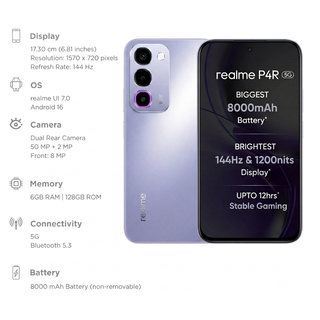 Realme P4R 5G 17.30 Centimeter (6.81) 50MP+2MP Dual Rear Camera 8MP Front Camera 144Hz HD+ LCD Display MediaTek Dimensity 6300 Octa Core Processor Smartphones Mobile