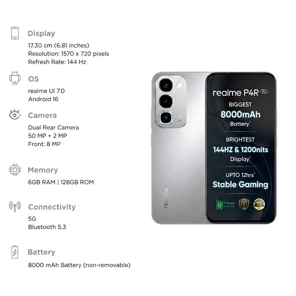Realme P4R 5G 17.30 Centimeter (6.81) 50MP+2MP Dual Rear Camera 8MP Front Camera 144Hz HD+ LCD Display MediaTek Dimensity 6300 Octa Core Processor Smartphones Mobile