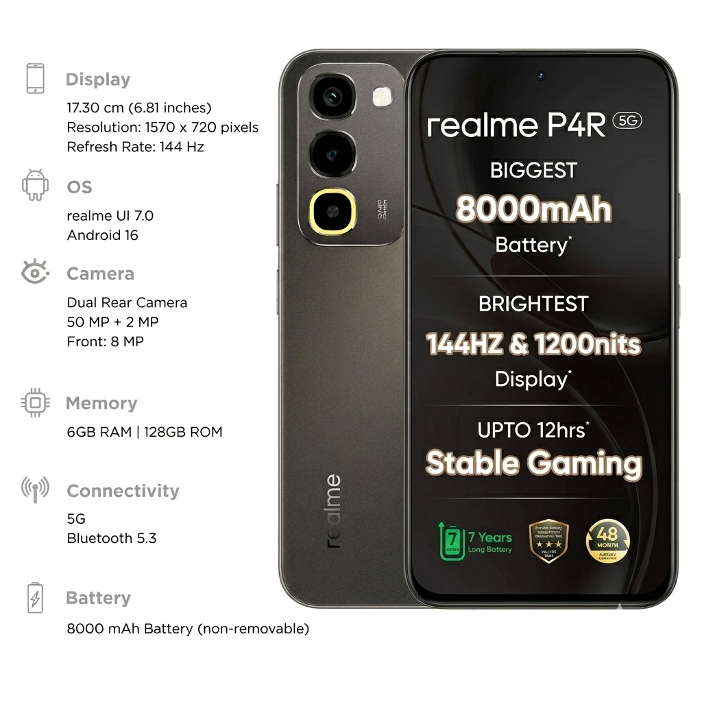 Realme P4R 5G 17.30 Centimeter (6.81) 50MP+2MP Dual Rear Camera 8MP Front Camera 144Hz HD+ LCD Display MediaTek Dimensity 6300 Octa Core Processor Smartphones Mobile