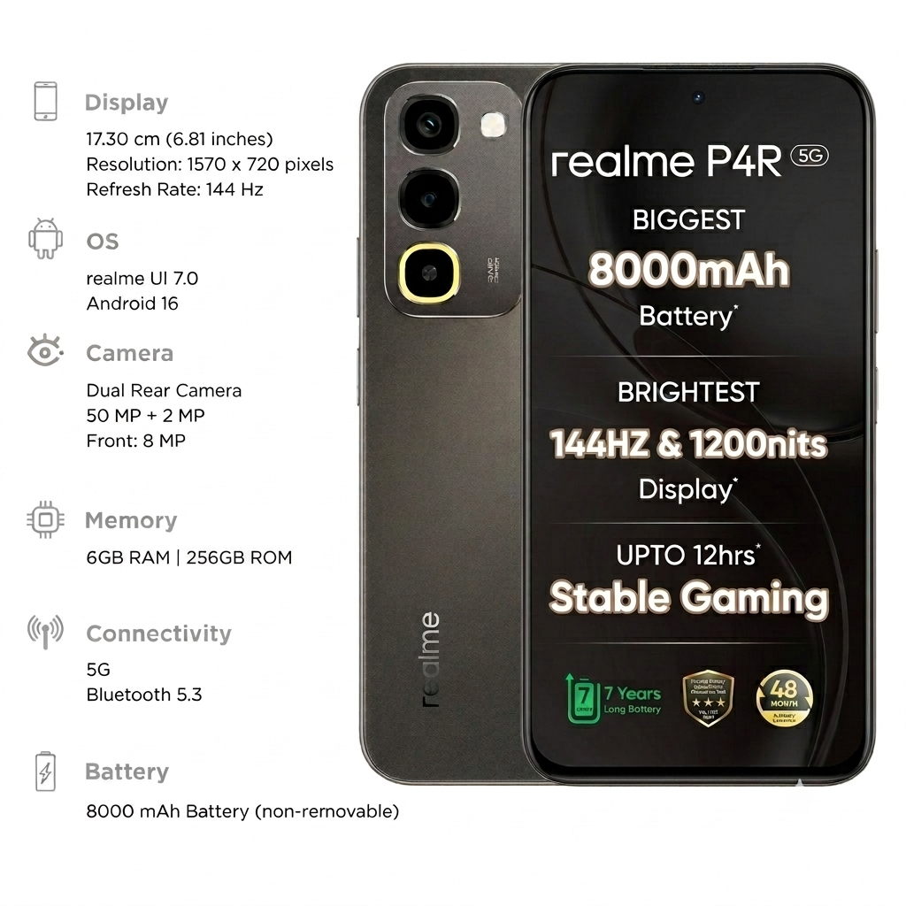 Realme P4R 5G 17.30 Centimeter (6.81) 50MP+2MP Dual Rear Camera 8MP Front Camera 144Hz HD+ LCD Display MediaTek Dimensity 6300 Octa Core Processor Smartphones Mobile