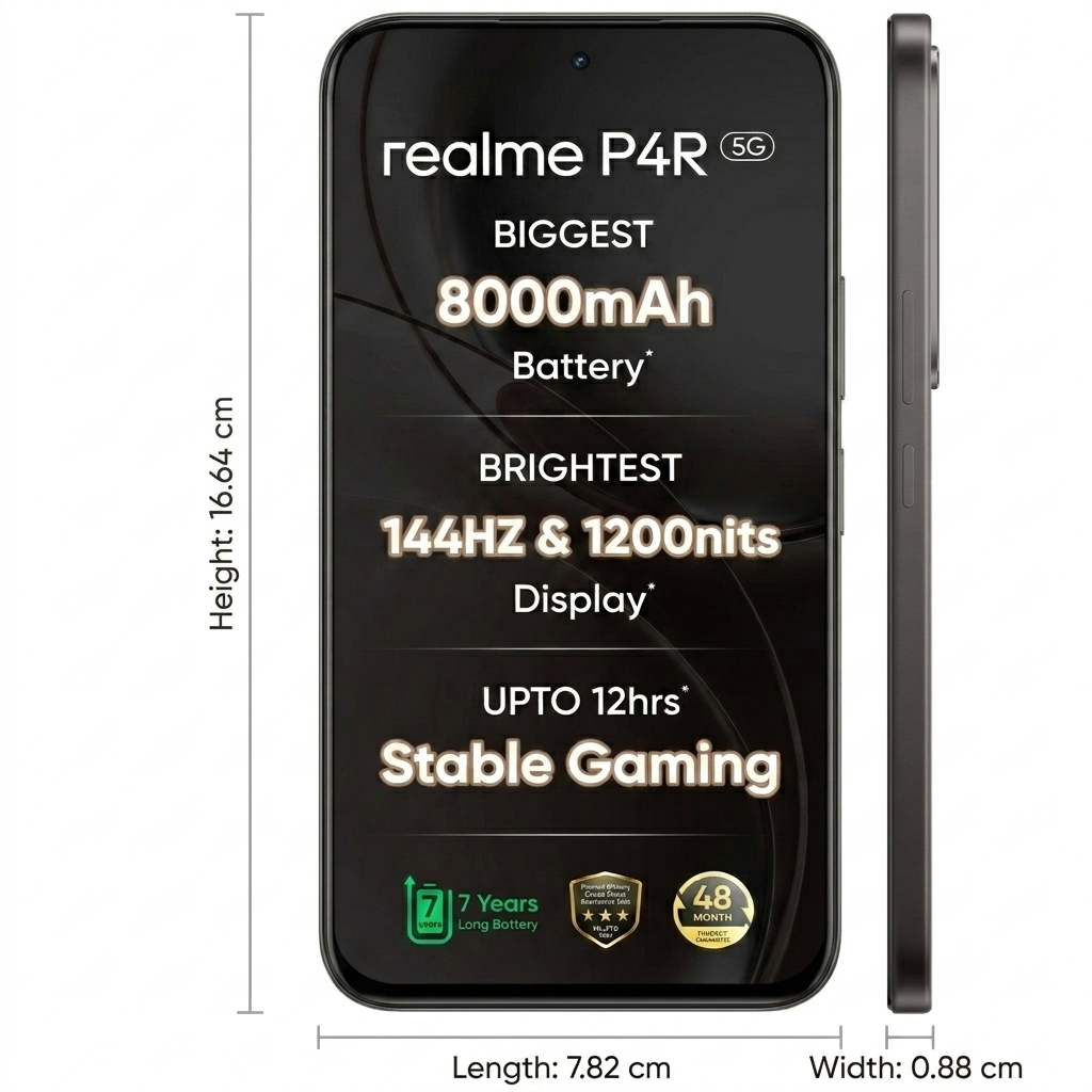 Realme P4R 5G 17.30 Centimeter (6.81) 50MP+2MP Dual Rear Camera 8MP Front Camera 144Hz HD+ LCD Display MediaTek Dimensity 6300 Octa Core Processor Smartphones Mobile