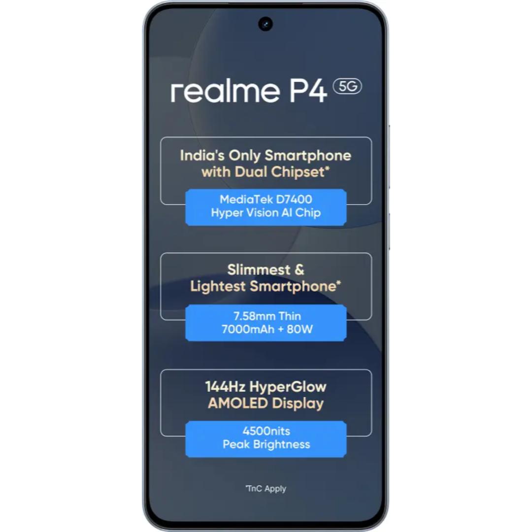 Realme P4 5G 17.20 Centimeter (6.77) 50MP OV50D40 Sensor AI + 8MP WideAngle Dual Rear Camera 16MP Front Camera 144Hz HyperGlow Full HD+ AMOLED Flexible Display Mediatek Dimensity 7400 Ultra 5G 4nm Octa Core Processor Smartphones Mobile