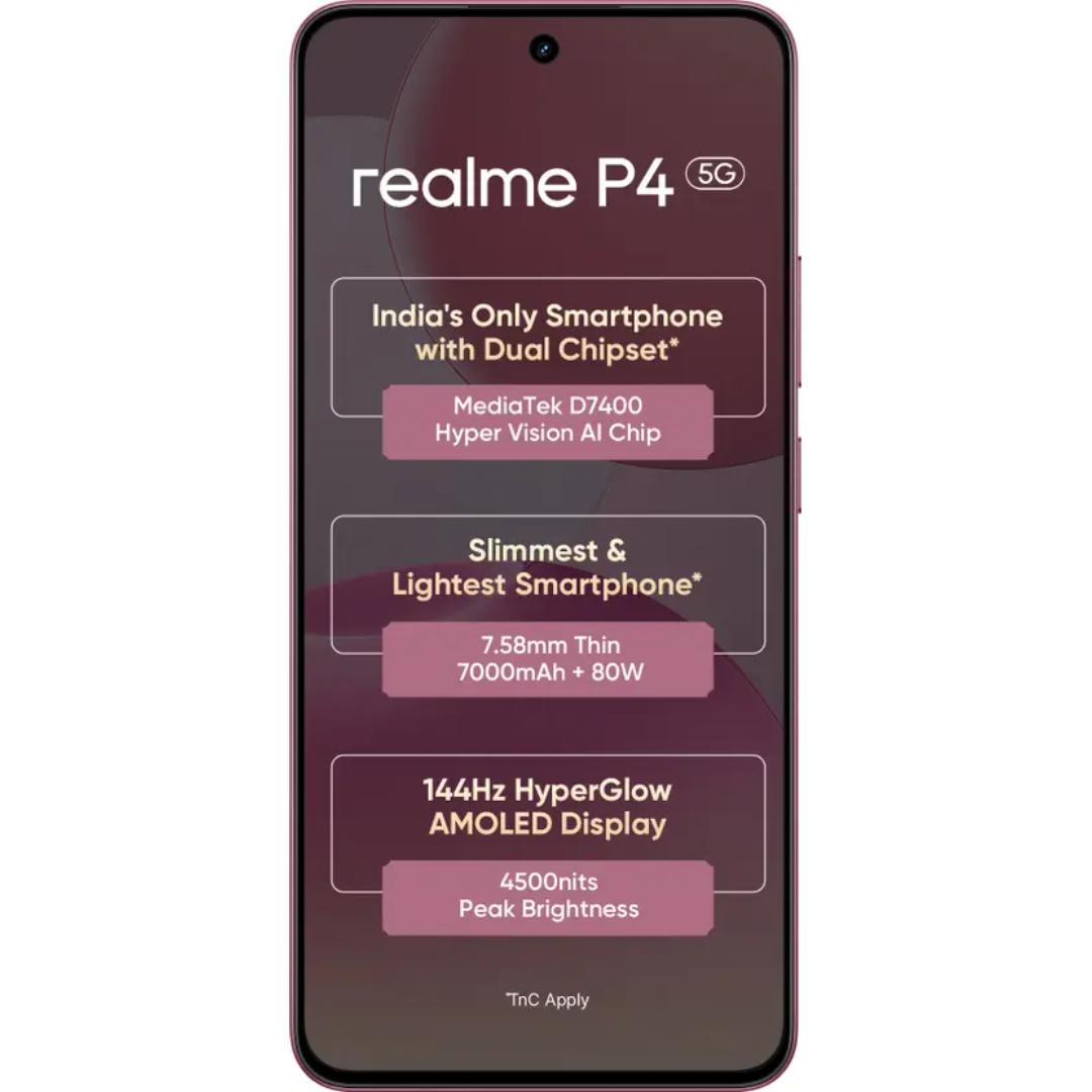 Realme P4 5G 17.20 Centimeter (6.77) 50MP OV50D40 Sensor AI + 8MP WideAngle Dual Rear Camera 16MP Front Camera 144Hz HyperGlow Full HD+ AMOLED Flexible Display Mediatek Dimensity 7400 Ultra 5G 4nm Octa Core Processor Smartphones Mobile
