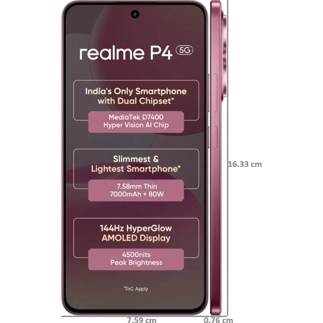 Realme P4 5G 17.20 Centimeter (6.77) 50MP OV50D40 Sensor AI + 8MP WideAngle Dual Rear Camera 16MP Front Camera 144Hz HyperGlow Full HD+ AMOLED Flexible Display Mediatek Dimensity 7400 Ultra 5G 4nm Octa Core Processor Smartphones Mobile