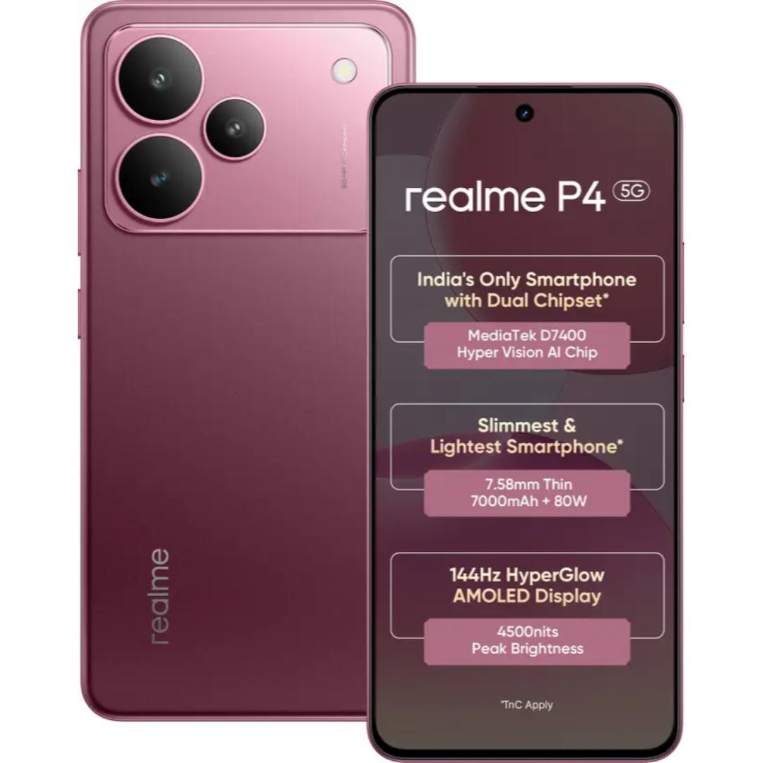 Realme P4 5G 17.20 Centimeter (6.77) 50MP OV50D40 Sensor AI + 8MP WideAngle Dual Rear Camera 16MP Front Camera 144Hz HyperGlow Full HD+ AMOLED Flexible Display Mediatek Dimensity 7400 Ultra 5G 4nm Octa Core Processor Smartphones Mobile