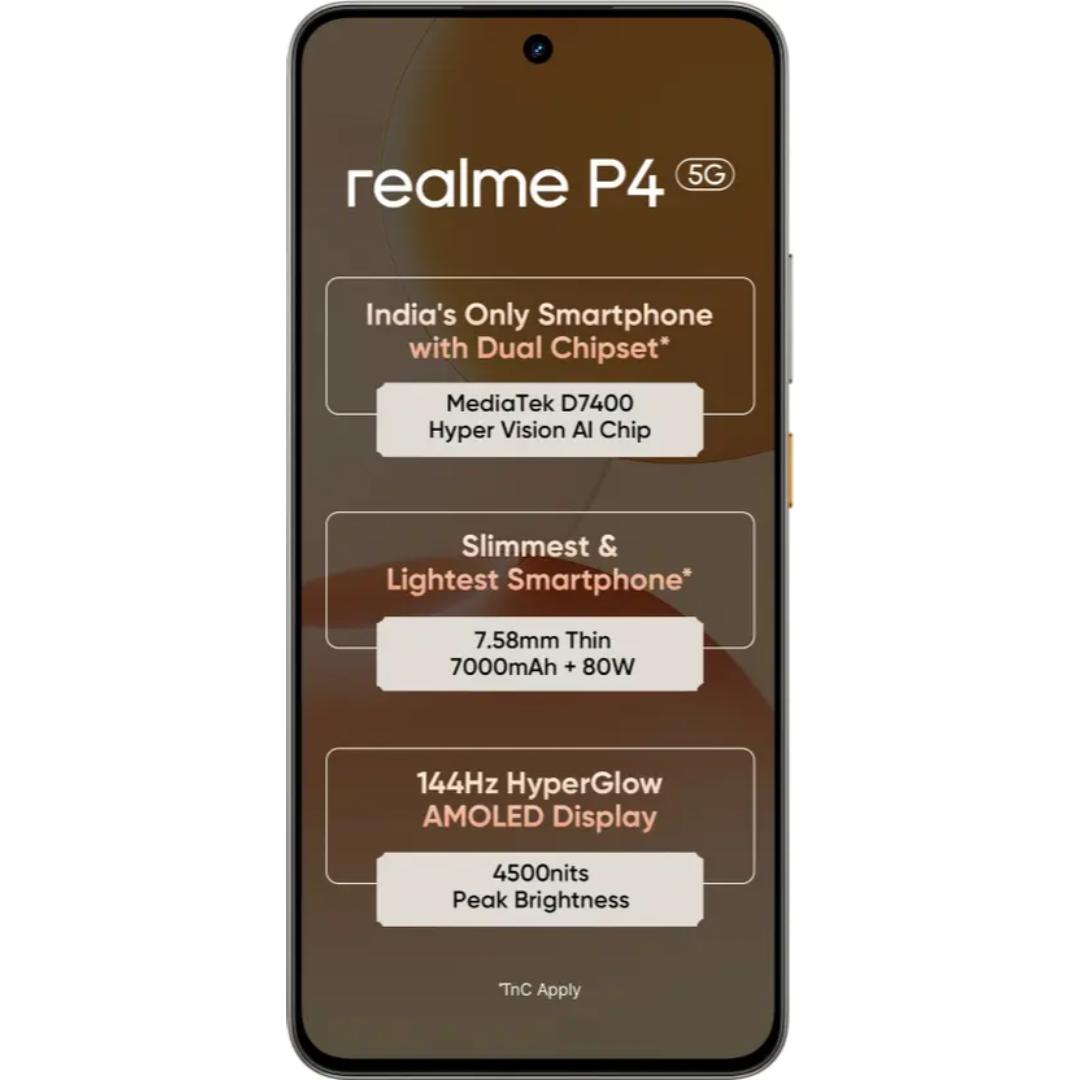 Realme P4 5G 17.20 Centimeter (6.77) 50MP OV50D40 Sensor AI + 8MP WideAngle Dual Rear Camera 16MP Front Camera 144Hz HyperGlow Full HD+ AMOLED Flexible Display Mediatek Dimensity 7400 Ultra 5G 4nm Octa Core Processor Smartphones Mobile
