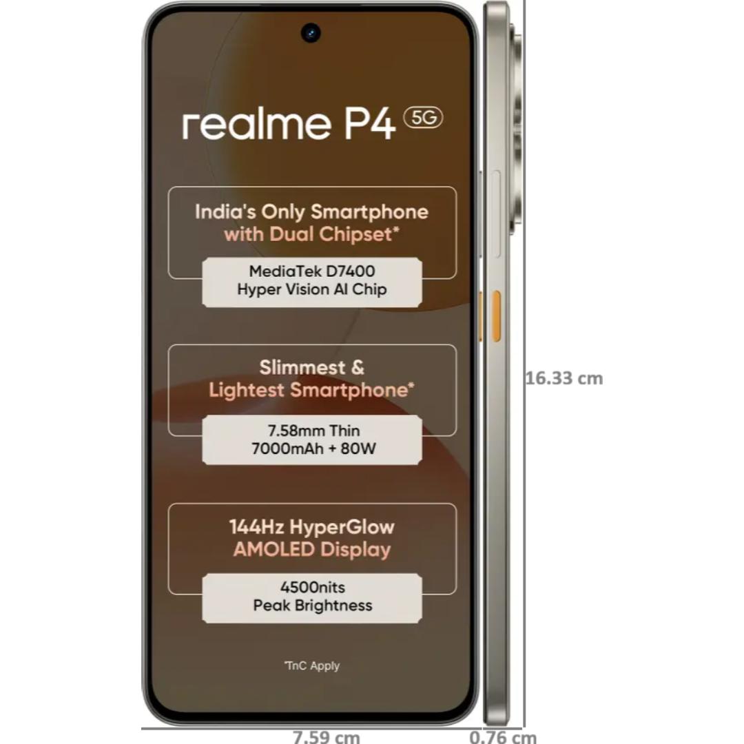 Realme P4 5G 17.20 Centimeter (6.77) 50MP OV50D40 Sensor AI + 8MP WideAngle Dual Rear Camera 16MP Front Camera 144Hz HyperGlow Full HD+ AMOLED Flexible Display Mediatek Dimensity 7400 Ultra 5G 4nm Octa Core Processor Smartphones Mobile