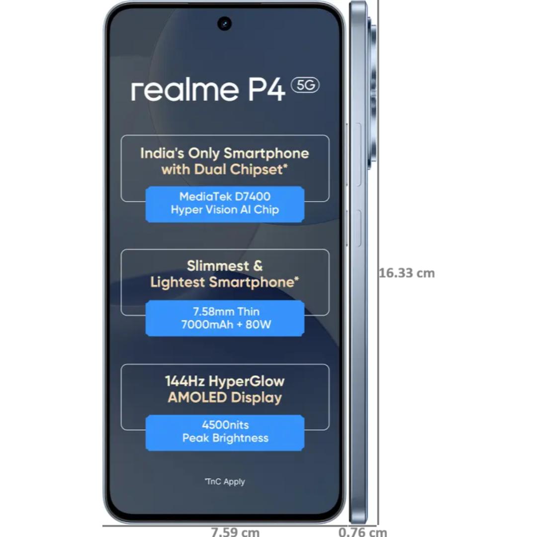 Realme P4 5G 17.20 Centimeter (6.77) 50MP OV50D40 Sensor AI + 8MP WideAngle Dual Rear Camera 16MP Front Camera 144Hz HyperGlow Full HD+ AMOLED Flexible Display Mediatek Dimensity 7400 Ultra 5G 4nm Octa Core Processor Smartphones Mobile