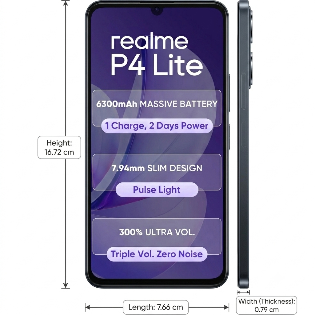 Realme P4 Lite 4G 17.13 Centimeter (6.74) OV13B10 13MP Rear Camera SC520CS  5MP Front Camera 90Hz HD+ LCD Display Unisoc T7250 Octa Core Processor Smartphones Mobile