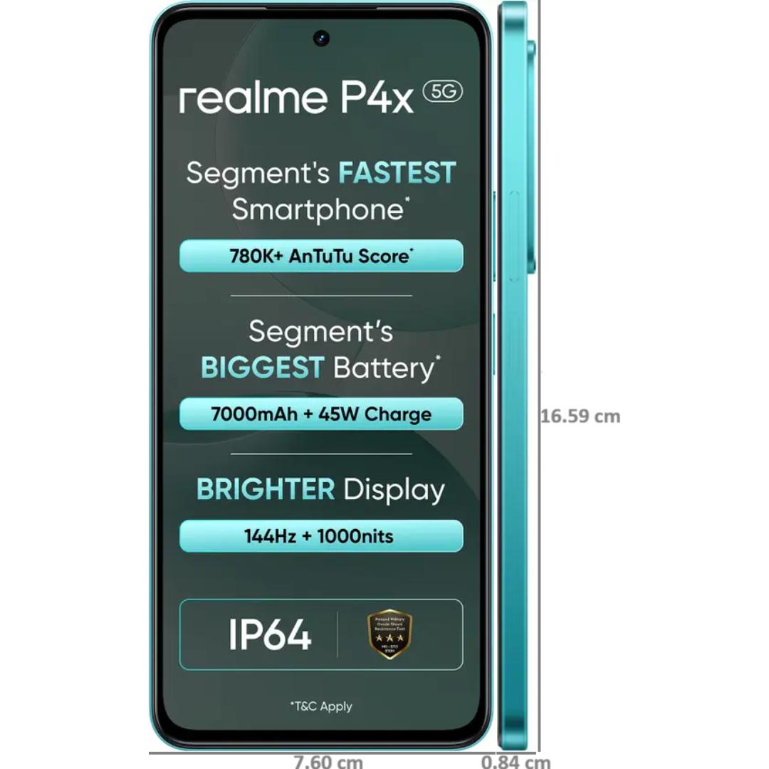 Realme P4x 5G 17.07 Centimeter (6.72) 50MP + 2MP Dual Rear Camera 8MP Front Camera 144Hz Full HD+ 1000nits Sunlight LCD Display Mediatek Dimensity 7400 Ultra 5G Octa Core Processor Smartphones Mobile