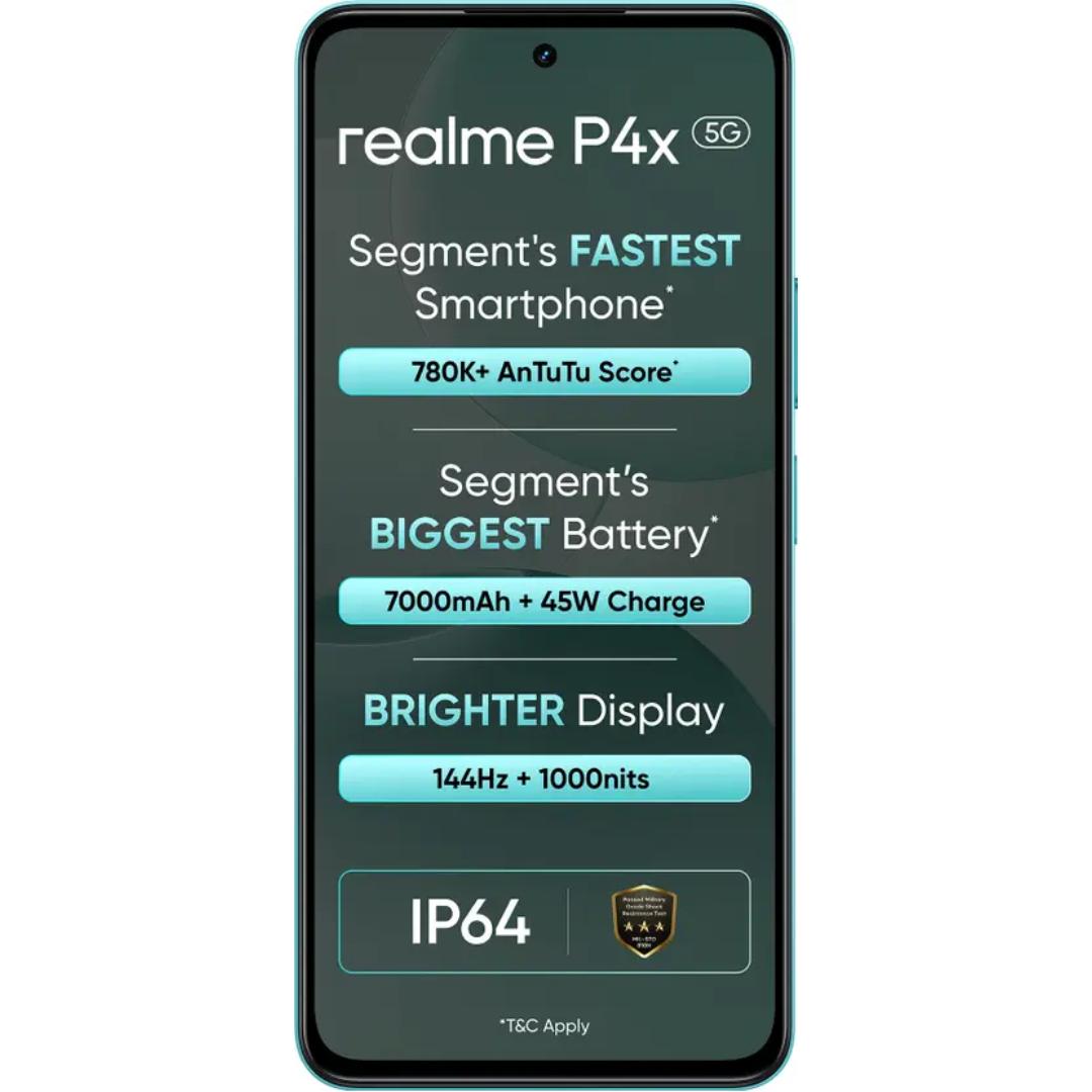 Realme P4x 5G 17.07 Centimeter (6.72) 50MP + 2MP Dual Rear Camera 8MP Front Camera 144Hz Full HD+ 1000nits Sunlight LCD Display Mediatek Dimensity 7400 Ultra 5G Octa Core Processor Smartphones Mobile